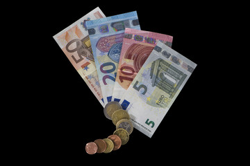 Euro coins and paper money.