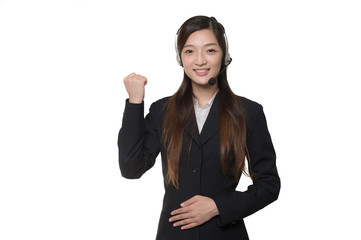 attractive asian businesswoman cheering on white background