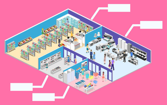 isometric interior shopping mall, grocery, computer, household, equipment store.
