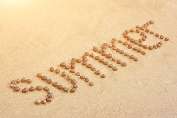 Inscription word Summer of shells on background of sand. beach. Concept of leisure, vacations, tourism