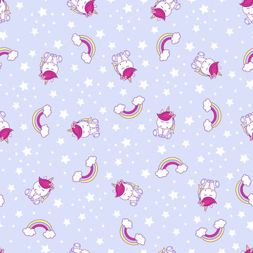 seamless pattern illustration of cute unicorns with rainbow and stars on light blue background, design for children