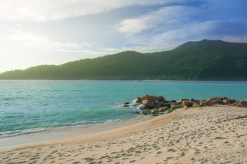 Beautiful seascape with blue sky and orange sunlight