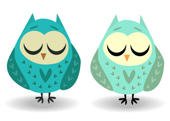 A pair of owls with closed eyes, sleeping in hearts. Drawing for cups, decorations, postcards