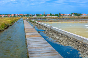 Nin town salty fields. / View at salty fields in Nin suburb, Dalmatia region scenery in Croatia, Europe.