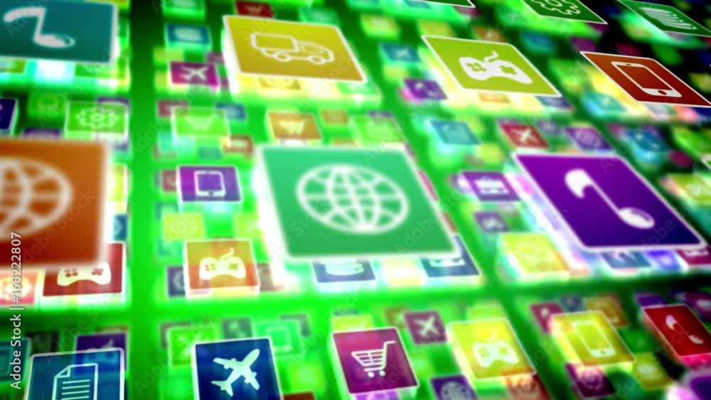 Poster mobile cellphone apps icons store concept. loopable animation.