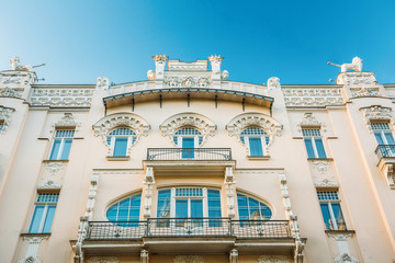 Riga, Latvia. Facade Of Old Art Nouveau Building designed by Mikhail Eisenstein on 4 Alberta Street.