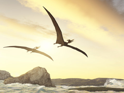 Pteranodones volando sobre rocas en el mar