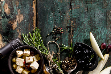 Tasty Italian Greek Mediterranean Food Ingredients Top View on Green Old Rustic Table Above
