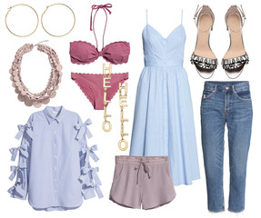 Set of stylish clothes, collection collage of women's clothing
