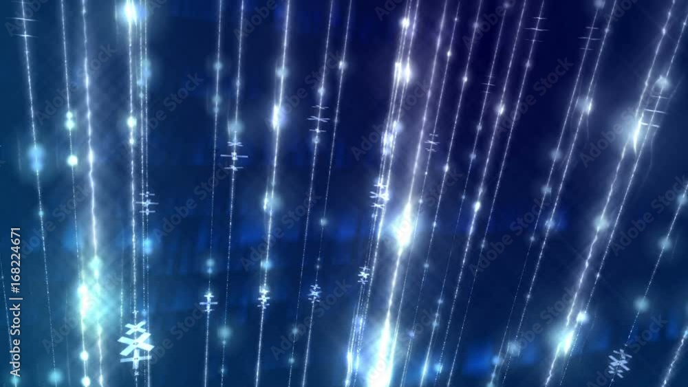 Poster loopable technology background with data transfer on strings on a dark blue