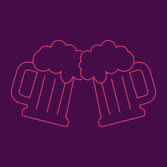 Neon beer glasses cheers with foam, clinking. Flat design vector illustration isolated.