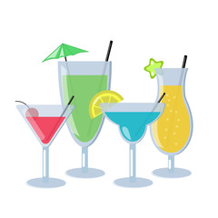 Set of alcoholic cocktails isolated on white background. Different cocktails with blue, orange, green and red color. Vector Illustration