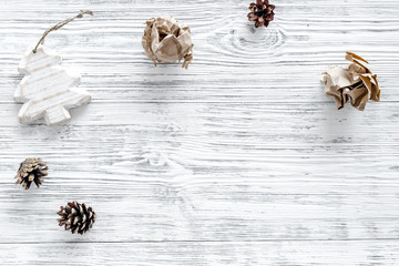 Christmas decoration on grey wooden background top view copyspace