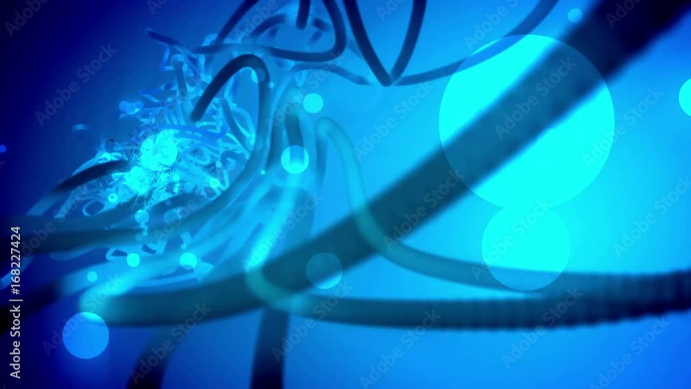 Poster fly through internet cables with data signals on a blue background. internet technology concept back