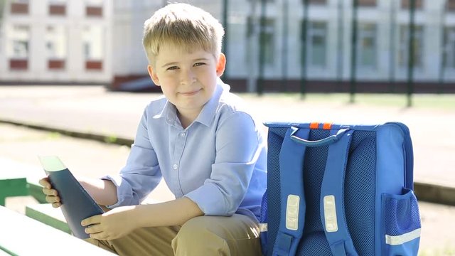 Smiling schoolboy of an elementary school. Funny child on the background of school. 