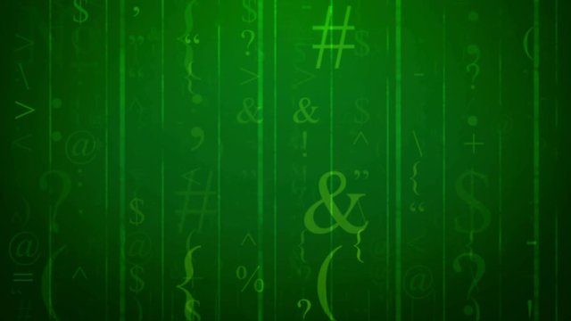 Random Special Keyboard Characters background on green. Loopable.