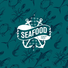 Seafood logo on seamless pattern with tuna, shrimp, crab and lobster, vector illustration