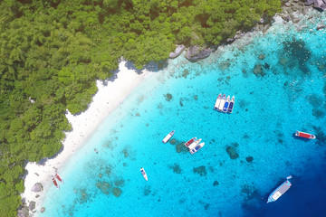 White Sandy Honeymoon Beach at Similan Island Aerial View From Above. Andaman, Thailand. Travel, summer, vacation and tropical beach concept.