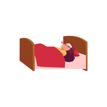 Sick little girl lying in bed with thermometer in mouth and cold pack on forehead, cartoon vector illustration isolated on white background. Cartoon little girl lying in bed with cold, having fever