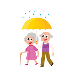 vector grey-haired man and woman walks in the rain happily keeping umbrella in hand. Flat cartoon isolated couple illustration on a white background