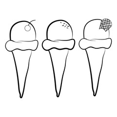 Set of ice cream cone vector flat illustration. Cherry, chocolate and mint ice creams in wafer vanilla cones.