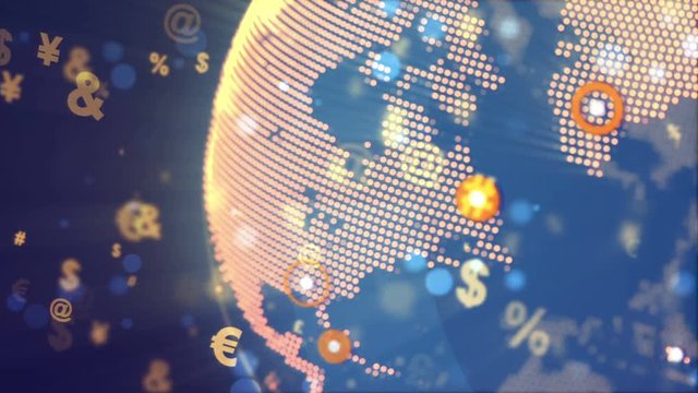 Abstract World Globe Rotation with currency signs and points major cities. Global business technology concept. Seamless loop.