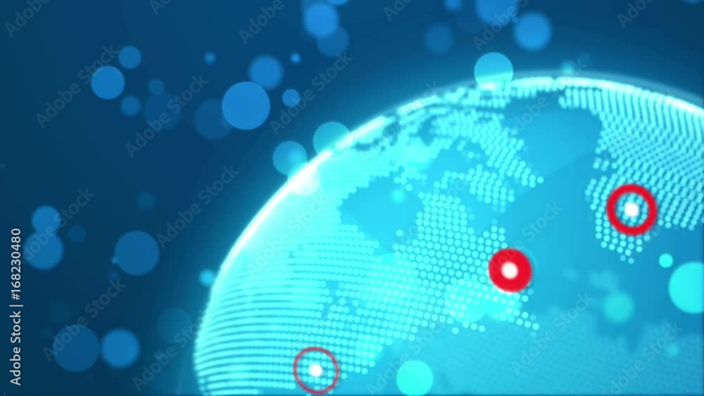 Poster abstract world globe rotation and points major cities on it. global business technology concept. sea
