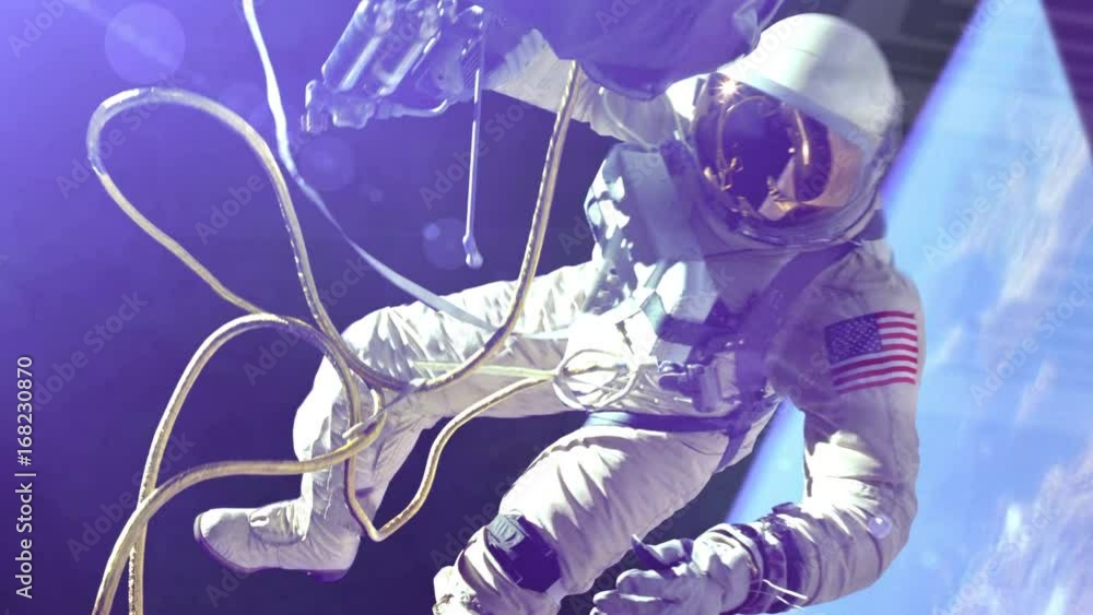 Poster animation of nasa astronaut in outer space against the earth background. elements of this image furn