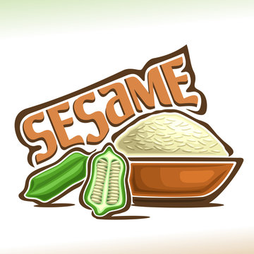 Vector logo for Sesame: cut half of green pod with seeds and pile of white sesamum indicum in brown bowl, poster for ingredient of cookery baking with title - sesame, label for cereal sesame on white.