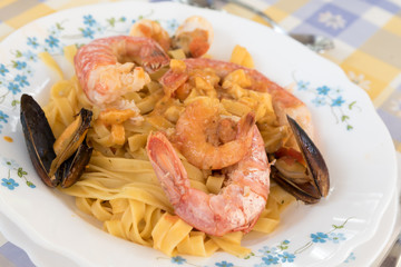 Tasty noodles with seafood