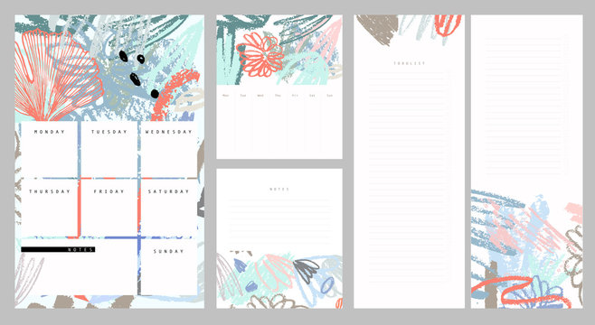 Weekly and daily planner. Notes and to do list set. Hand drawn brush strokes. Abstract tropical background in pastel colors.
