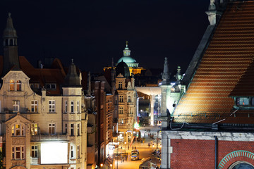 Nightly air view panorama of Katowice, Poland