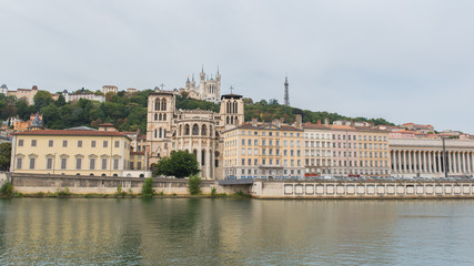 Fototapeta na wymiar Basilica Notre-Dame de Fourviere and Saint-Jean cathedral, Lyon in France, on the hill, symbol of the city 