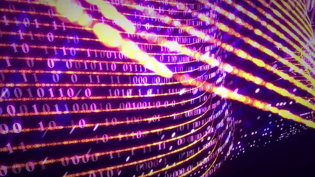 Lines of binary codes traveling through the path. Internet data technology concept. Seamless loop.