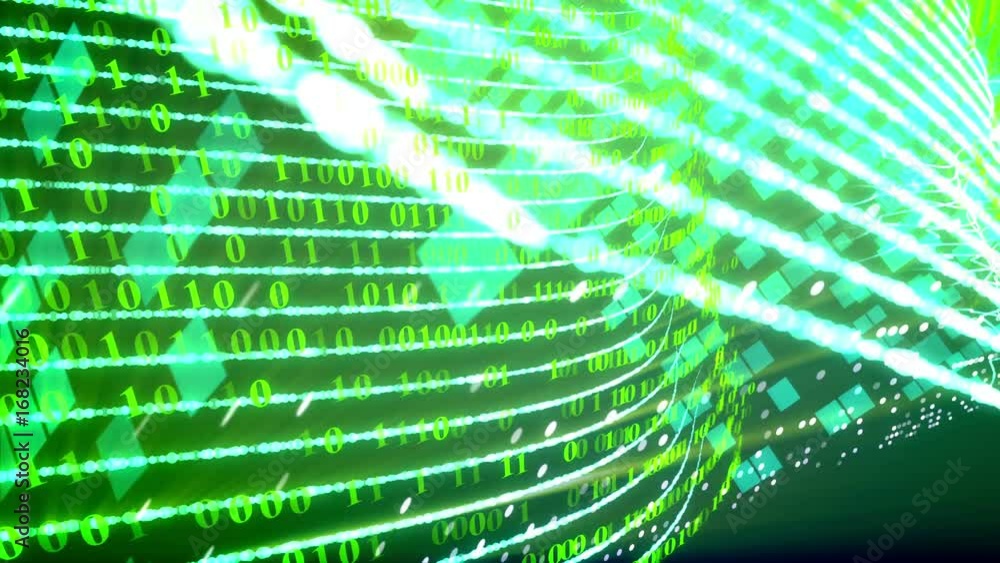 Poster green binary code background - information concept. 0 and 1 figures travel through path lines. inter