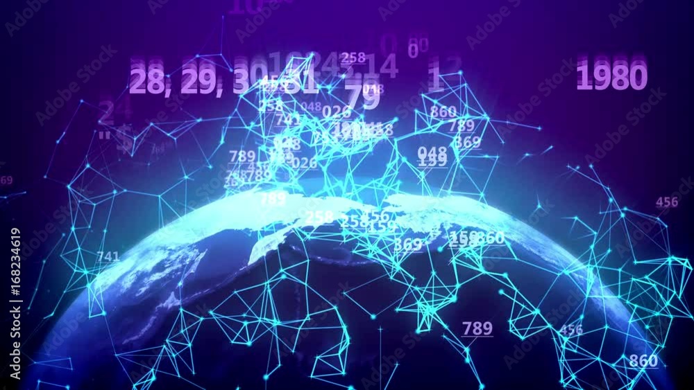 Poster world global network over the earth with abstract number figures on a blue background. seamless loop