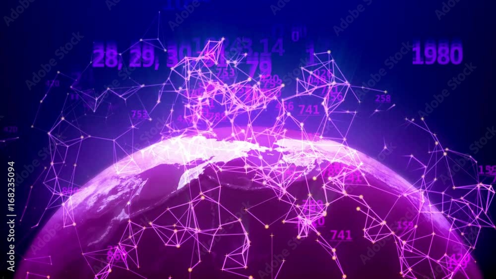 Poster world global network over the earth with abstract number figures. seamless loop.