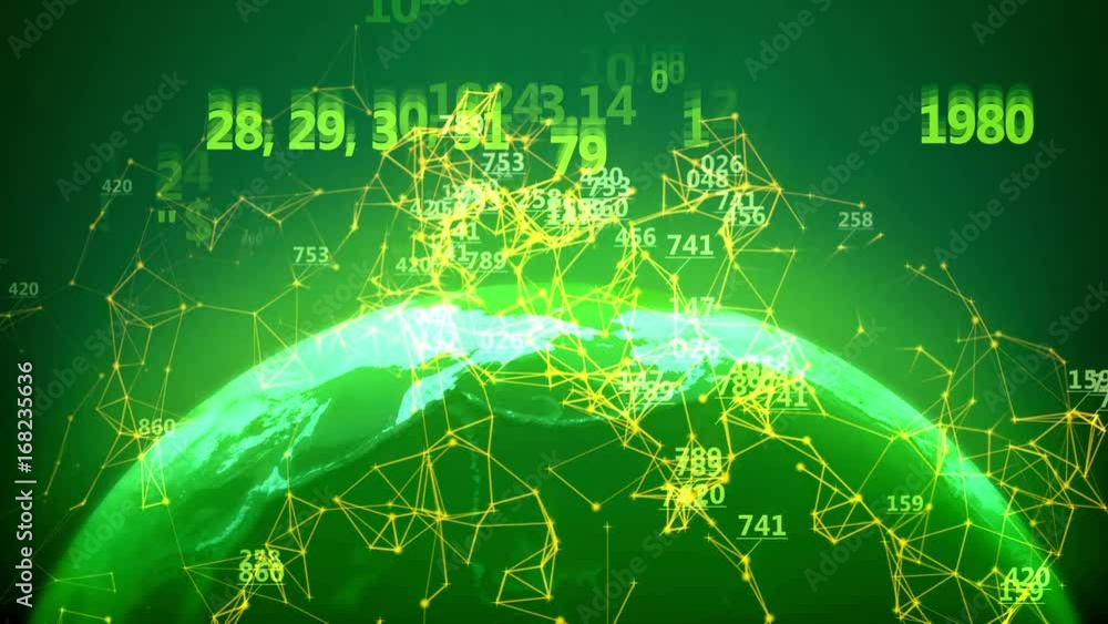 Poster netwok over the earth globe with abstract digital numbers. busines technology concept. seamless loop