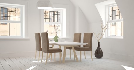 Inspiration of white minimalist dinner room. Scandinavian interior design. 3D illustration