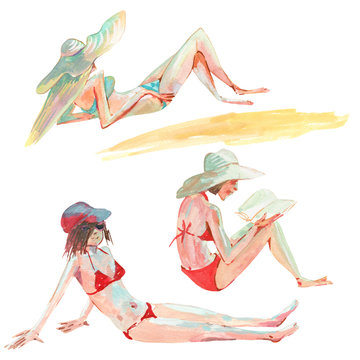 Set of watercolor girl on the beach