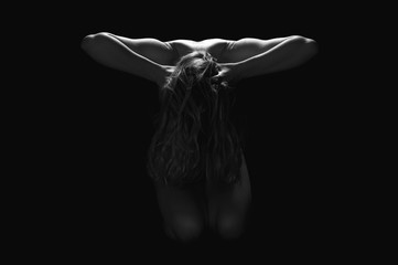 Art studio photo of elegant naked lady, geometry of body