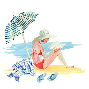 Watercolor girl on the beach