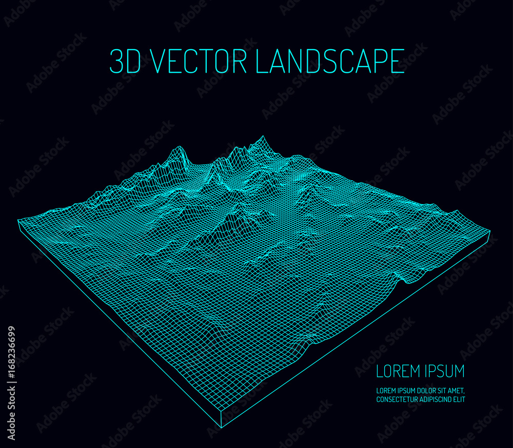 Poster 3d vector landscape. contour. abstract digital landscape with particles dots and stars on horizon. w
