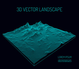 3D Vector landscape. Contour. Abstract digital landscape with particles dots and stars on horizon. Wireframe landscape background. Big Data