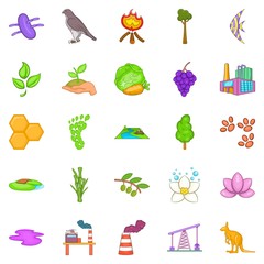 Pollution of nature icons set, cartoon style