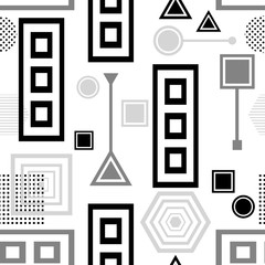 Abstract seamless pattern in postmodern Memphis Style  black  grey on white