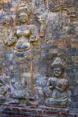 Cambodia. Siem Reap. Carved stone patterns on temple walls Banteay Srey (Xth Century)..