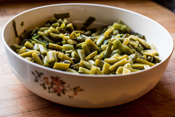 Green Beans with pickle in a bowl at kitchen.