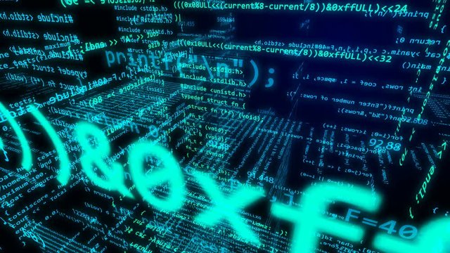 Glowing light blue abstract programming code background on dark. Software or script development concept.