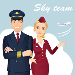 Pilot and Flight attendant of Commercial Airlines with the airplane on the background. Sky team. Flat design, vector cartoon.